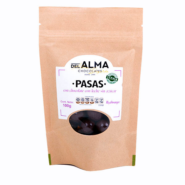 Pasas cubiertas con Chocolate de Leche Sin Azúcar
